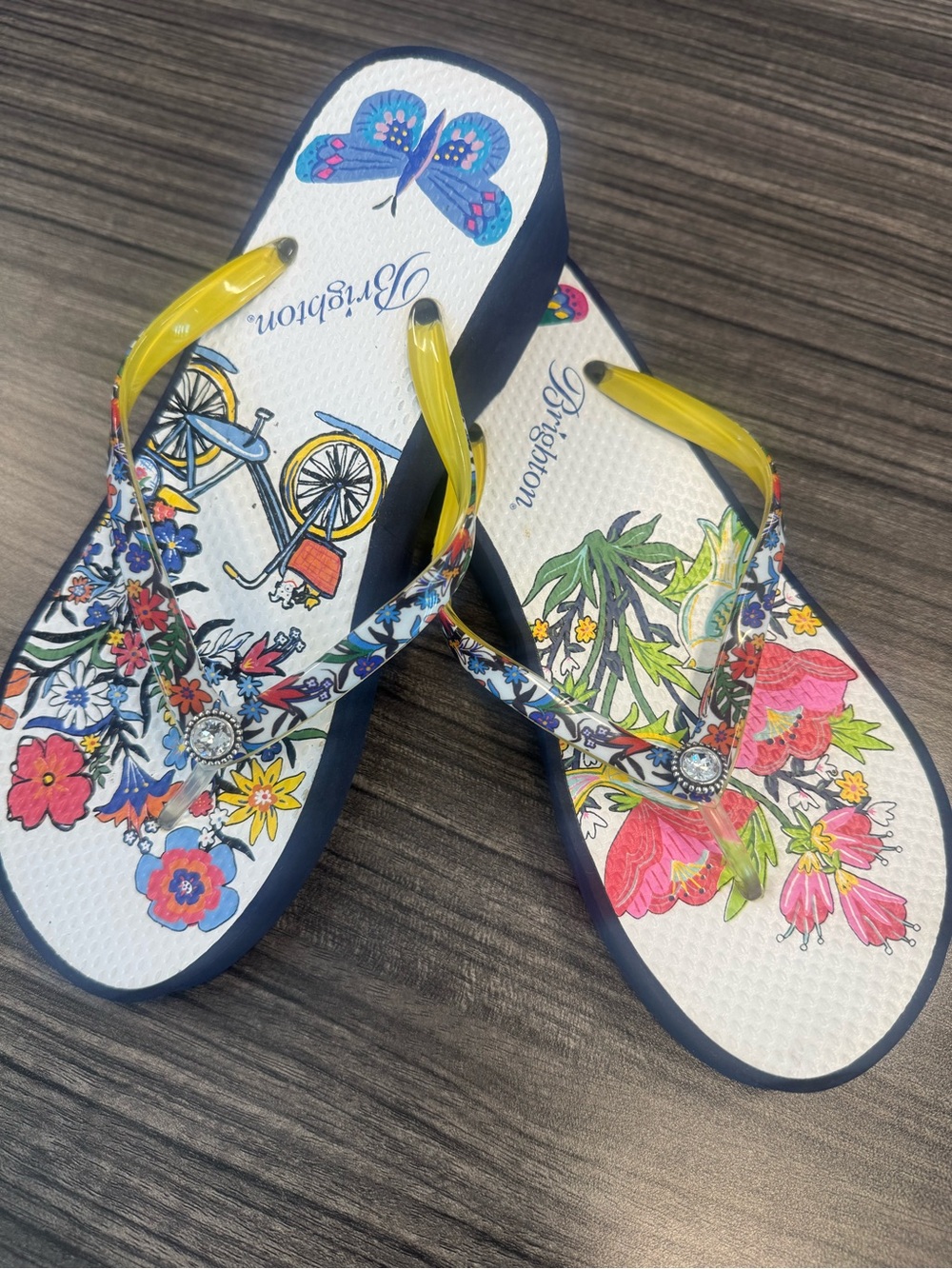 Brighton Floral Bicycle Print Flip Flops with Yellow Straps